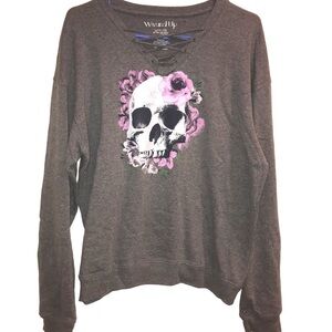 Skull Flowers Graphic Sweat Shirt Halloween Day Of The Dead  Rocker Goth Large